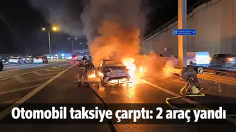 Otomobil taksiye çarptı: 2 araç yandı