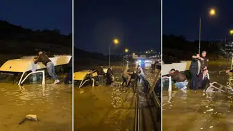 Suya gömülen minibüsteki 20 yolcu kurtarıldı