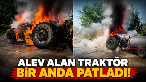 Alev alan traktör bir anda patladı!