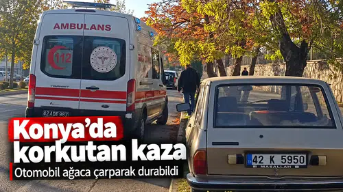 Konya'da korkutan kaza: Otomobil ağaca çarpıp durabildi!