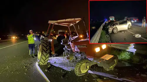 Otomobilin çarptığı traktör ikiye ayrıldı