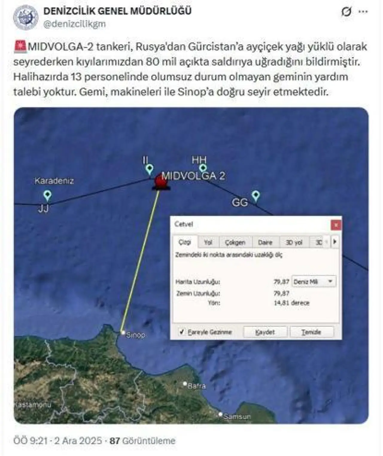 Karadenizde ayçiçek yağı yüklü tankere saldırı