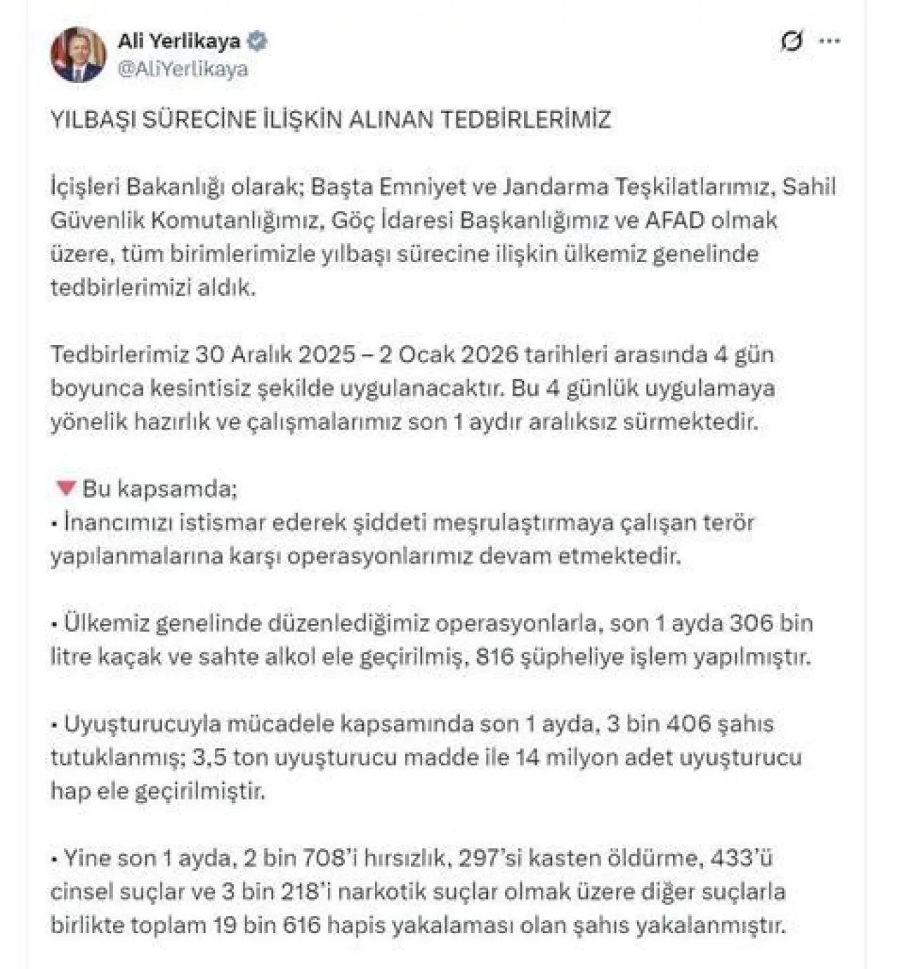 Bakan Yerlikaya: Yılbaşı için 325 bin 267 personel görevlendirildi