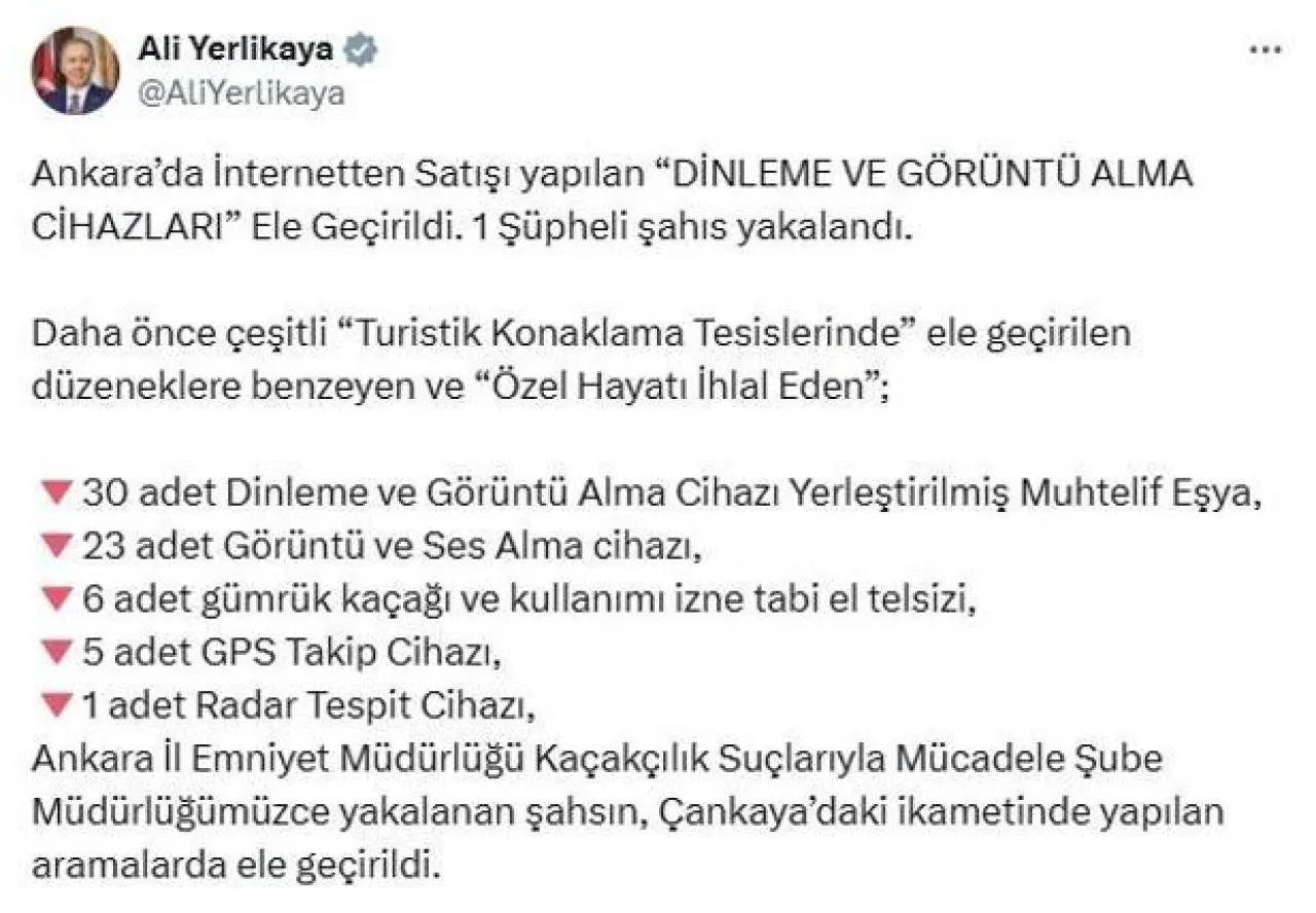 İnternetten dinleme ve görüntü alma cihazları satan şüpheli yakalandı