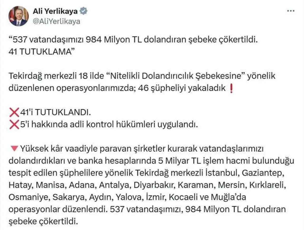 Tekirdağ merkezli 18 ilde dolandırıcılık operasyonu; 41 tutuklama