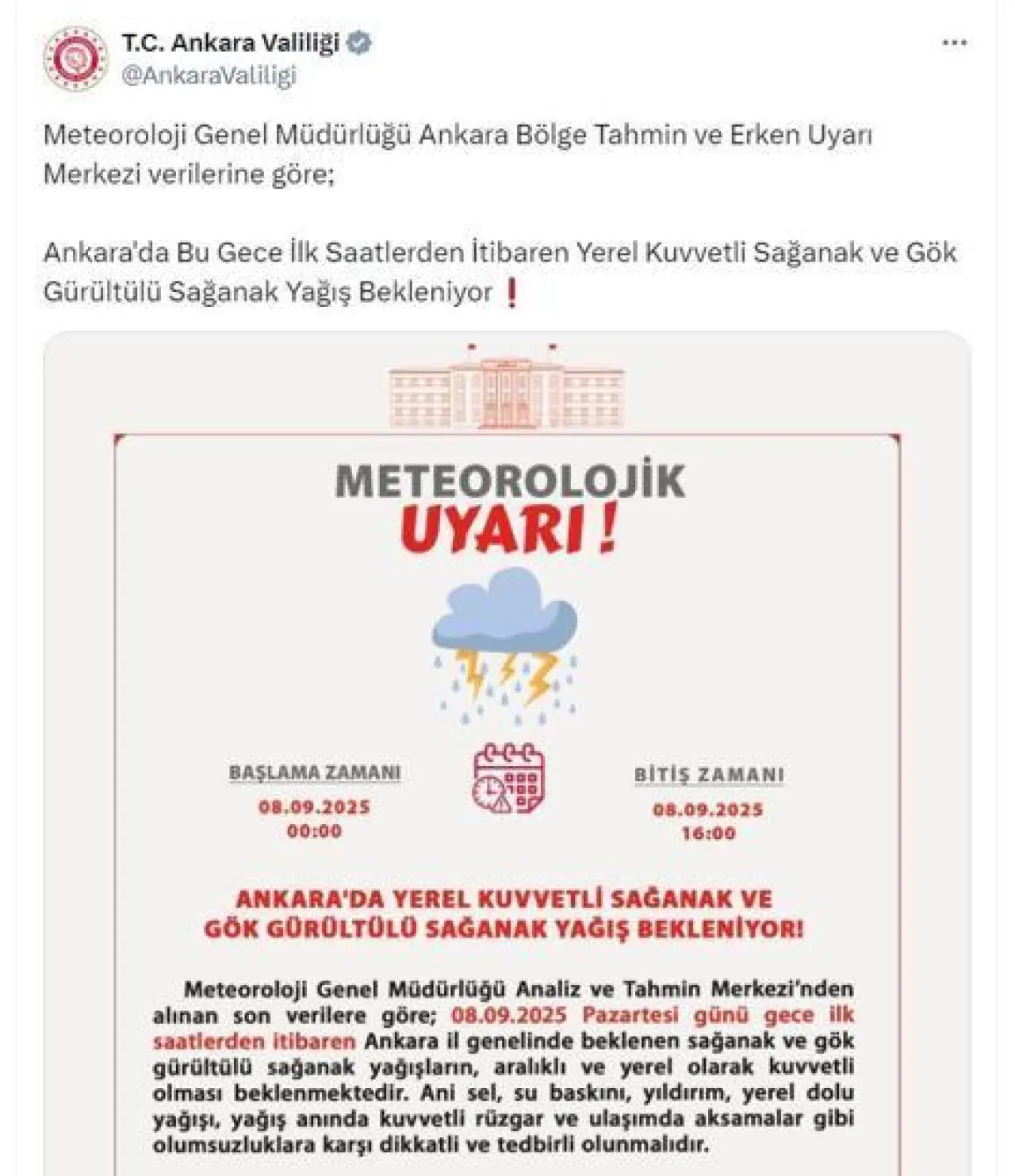 Ankara Valiliğinden sağanak uyarısı