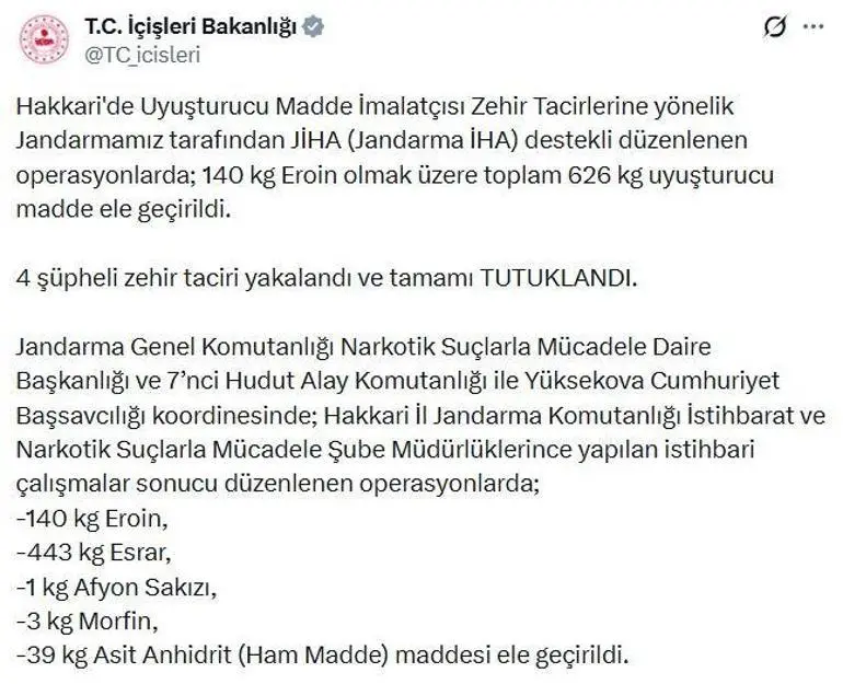 Hakkaride 626 kilo uyuşturucu ele geçirildi: 4 tutuklama