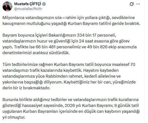 Bayram tatilindeki trafik kazalarında 70 kişi öldü