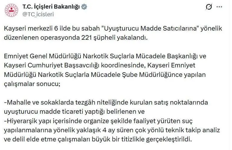 Kayseri merkezli 6 ilde uyuşturucu operasyonu: 221 gözaltı