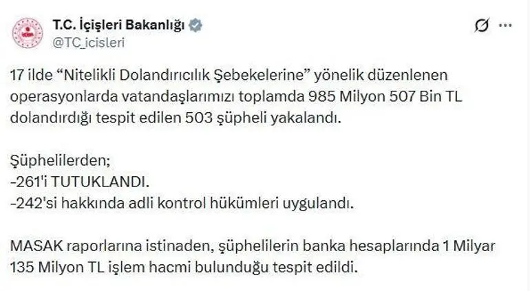 17 ilde nitelikli dolandırıcılık operasyonları: 261 tutuklama