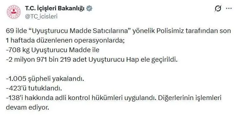 69 ilde uyuşturucu operasyonu: 423 tutuklama