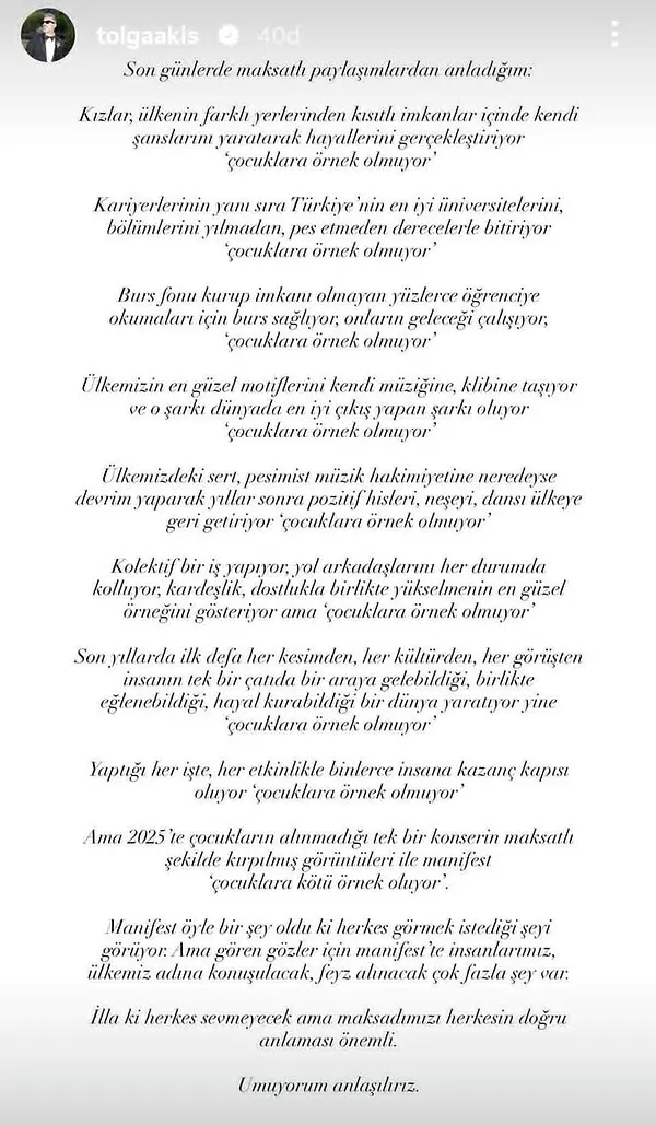 Tolga Akış, Instagram hesabından yaptığı paylaşımda şu ifadeleri kullandı: