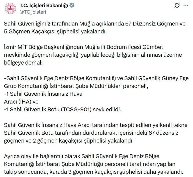 Muğla açıklarında 67 düzensiz göçmen yakalandı
