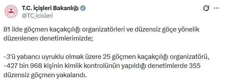 81 ilde 355 düzensiz göçmen yakalandı