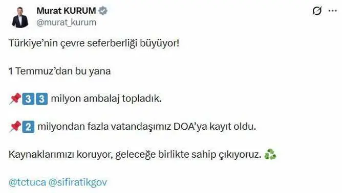 DOA ile 17 günde 33 milyon ambalaj geri dönüşüme kazandırıldı