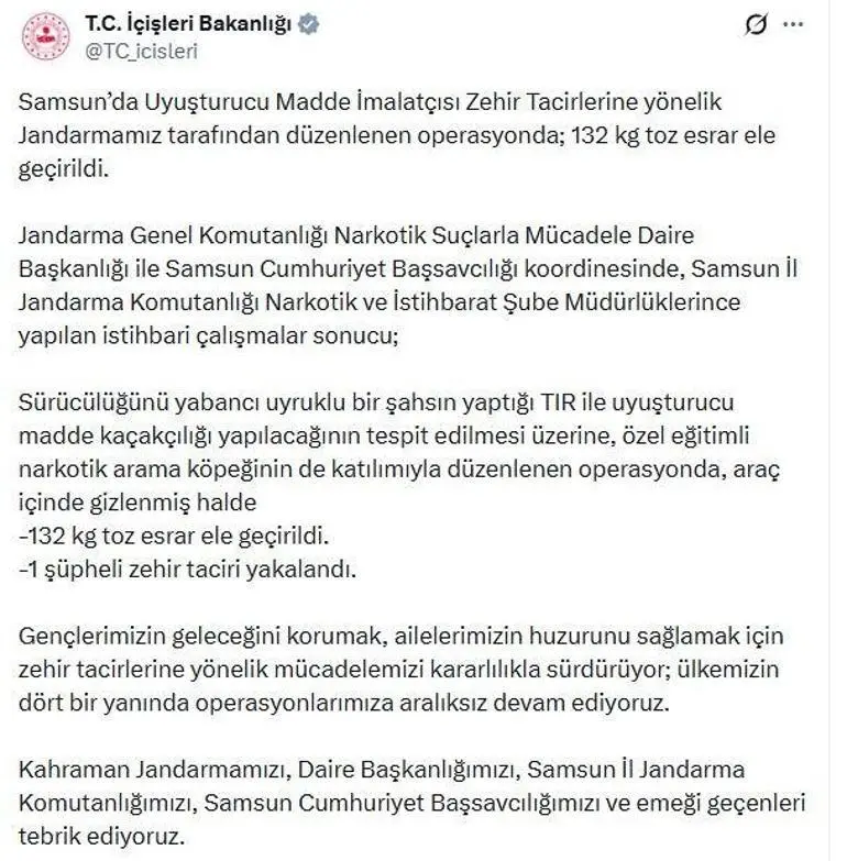 Samsunda 132 kilo toz esrar ele geçirildi; 1 gözaltı