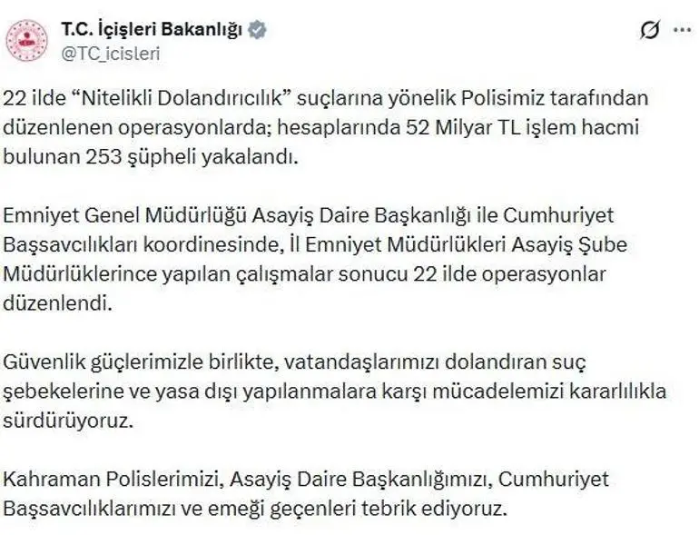 22 ilde Nitelikli dolandırıcılık operasyonu; 253 gözaltı