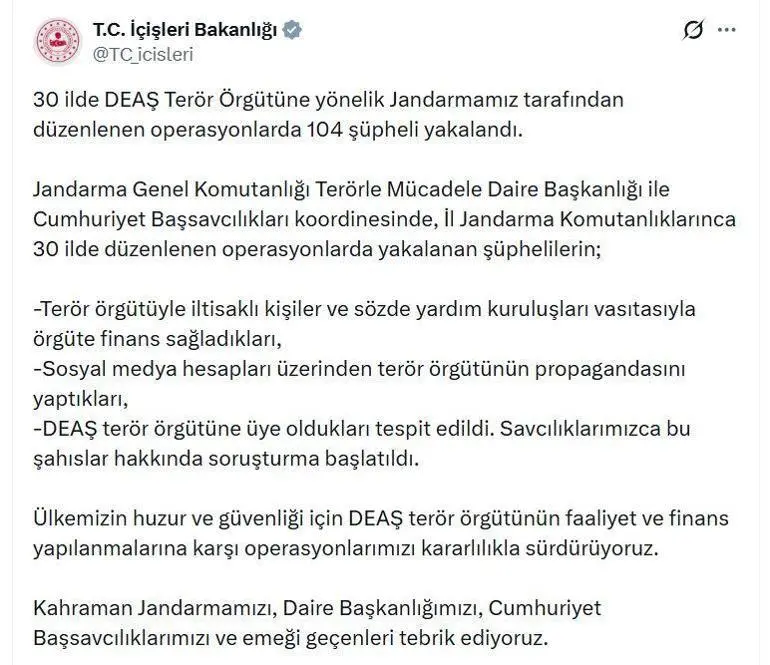 30 ilde DEAŞ operasyonu: 104 gözaltı
