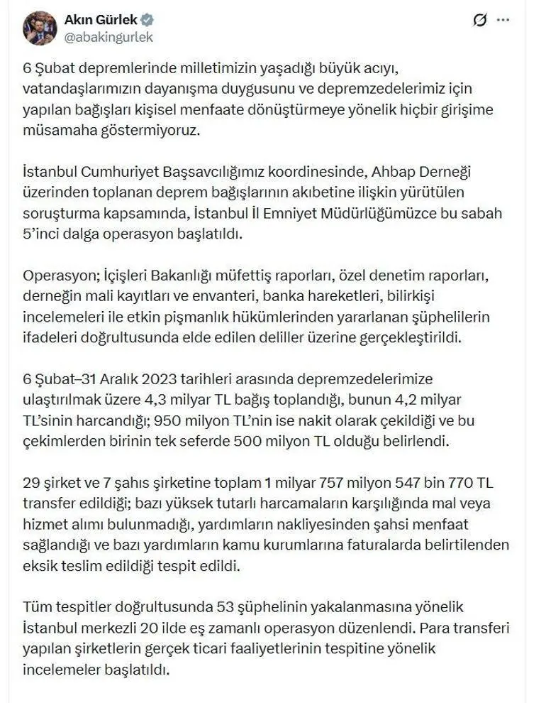Ahbap soruşturmasında 20 ilde 53 şüpheliye operasyon