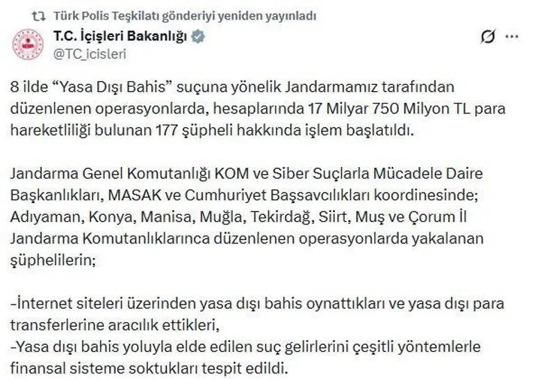 8 ilde Yasa dışı bahis operasyonu; 177 şüpheliye işlem başlatıldı