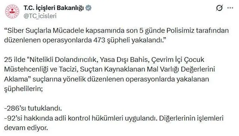 25 ilde siber suç operasyonları: 286 tutuklama