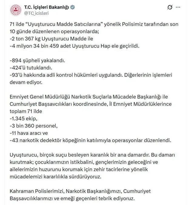 71 ilde uyuşturucu operasyonu; 424 tutuklama