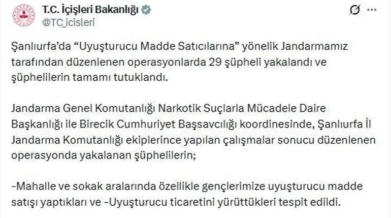 Şanlıurfada uyuşturucu satıcılarına operasyon: 29 tutuklama