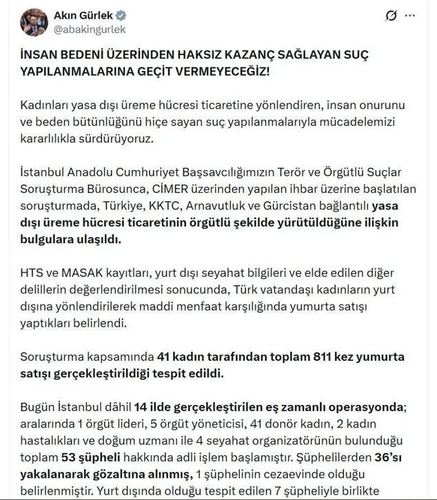Yasa dışı üreme hücresi ticaretine operasyon; 36 gözaltı