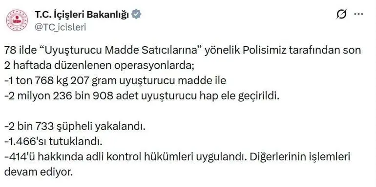 78 ilde uyuşturucu operasyonu: 1466 tutuklama